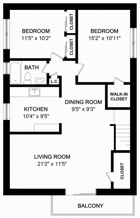 Floor plan for 2 beds, 1 bath, 998 sqft